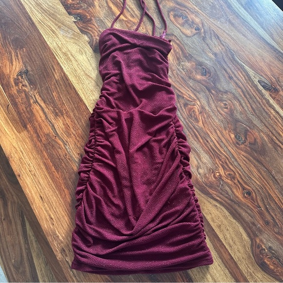 Windsor ruched body con dress midi burgundy wine medium Strappy corset back - Picture 1 of 7